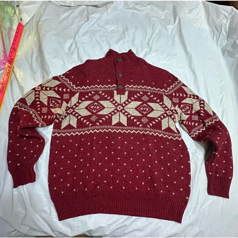 American Eagle Red Fair Isle 1/4 button pullover sweater size Large NWOT